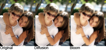 three images with original, diffusion, bloom effect
