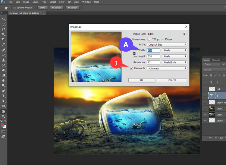 Follow A and 3 of resizing your image using Photoshop