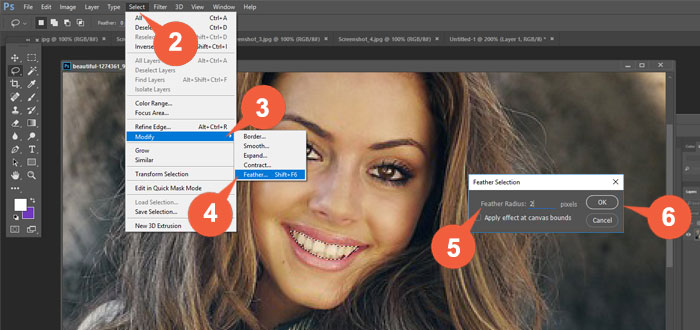 Steps 1 to 6 of Whitening Teeth in Photoshop