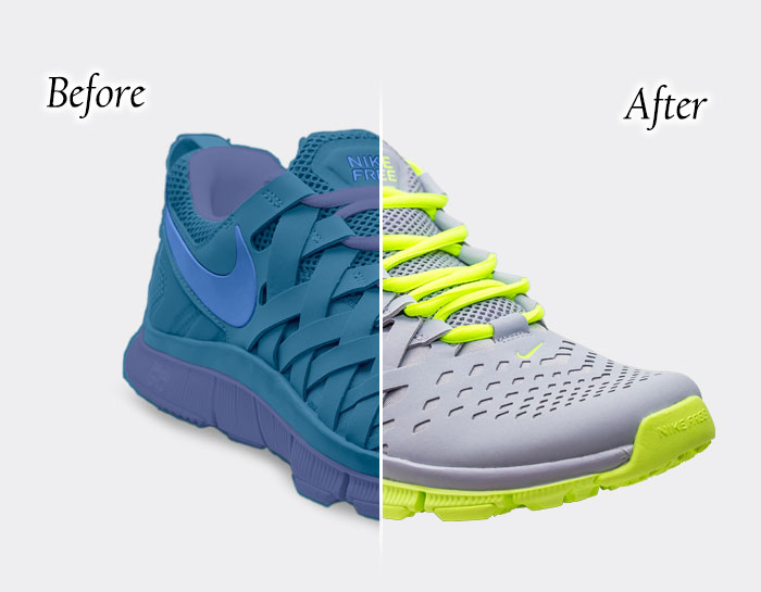 Showing Color correction of the shoe before and after result