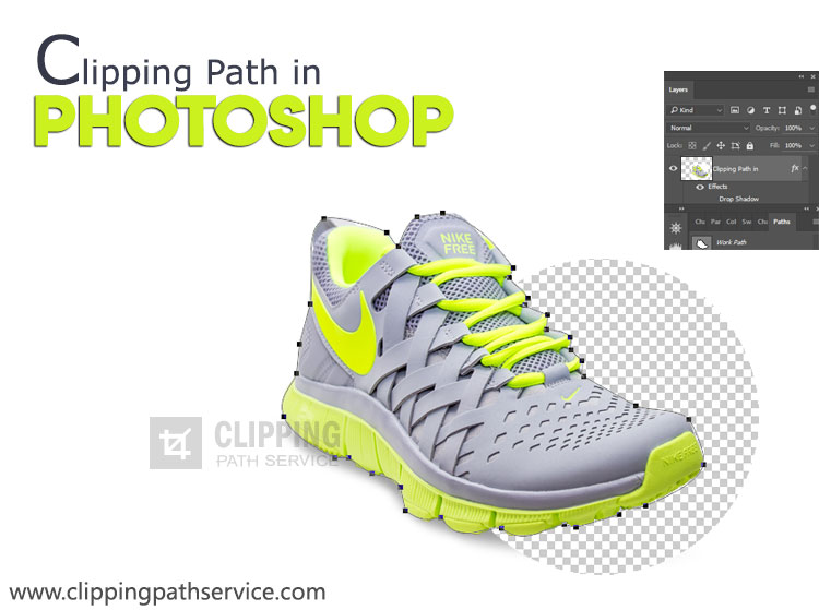 A shoe is shown with background remove with text Clipping Path in Photoshop