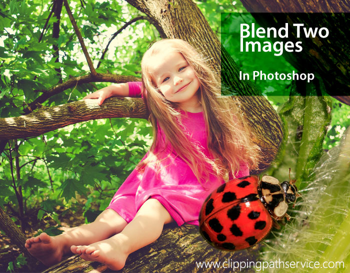 A little girl sitting on a branch having a ladybug beside
