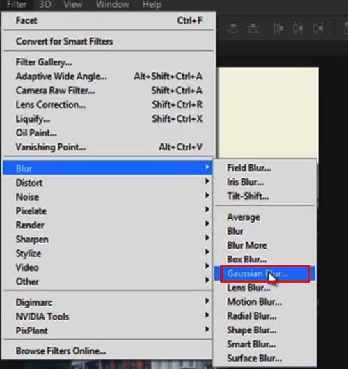 Selecting Filter-> Blur->  Gaussian Blur on Photoshop