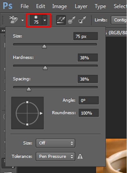 Selecting brush size and setting in Photoshop