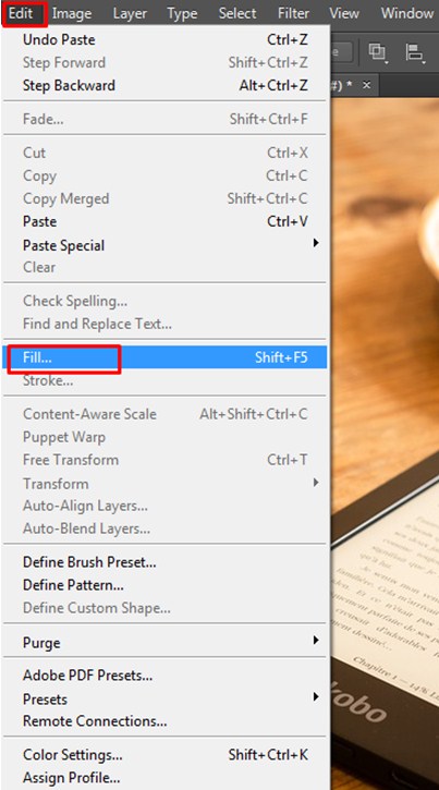 Select Edit and then Fill in photoshop