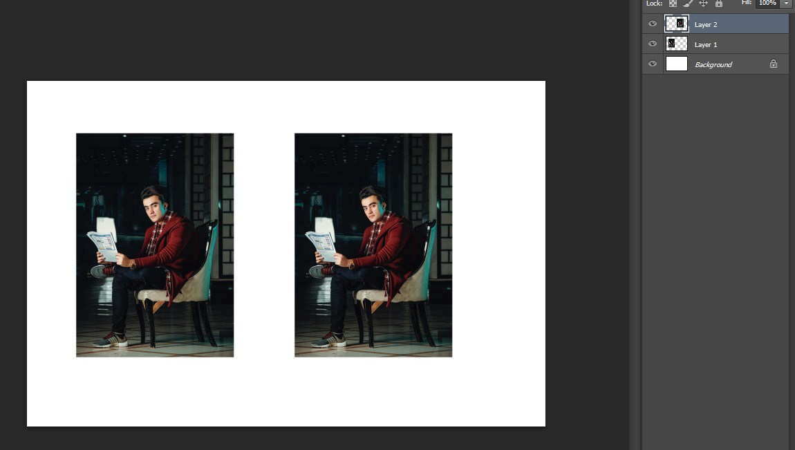 On a white canvass two similar photos of a man siting on a chair is positioned
