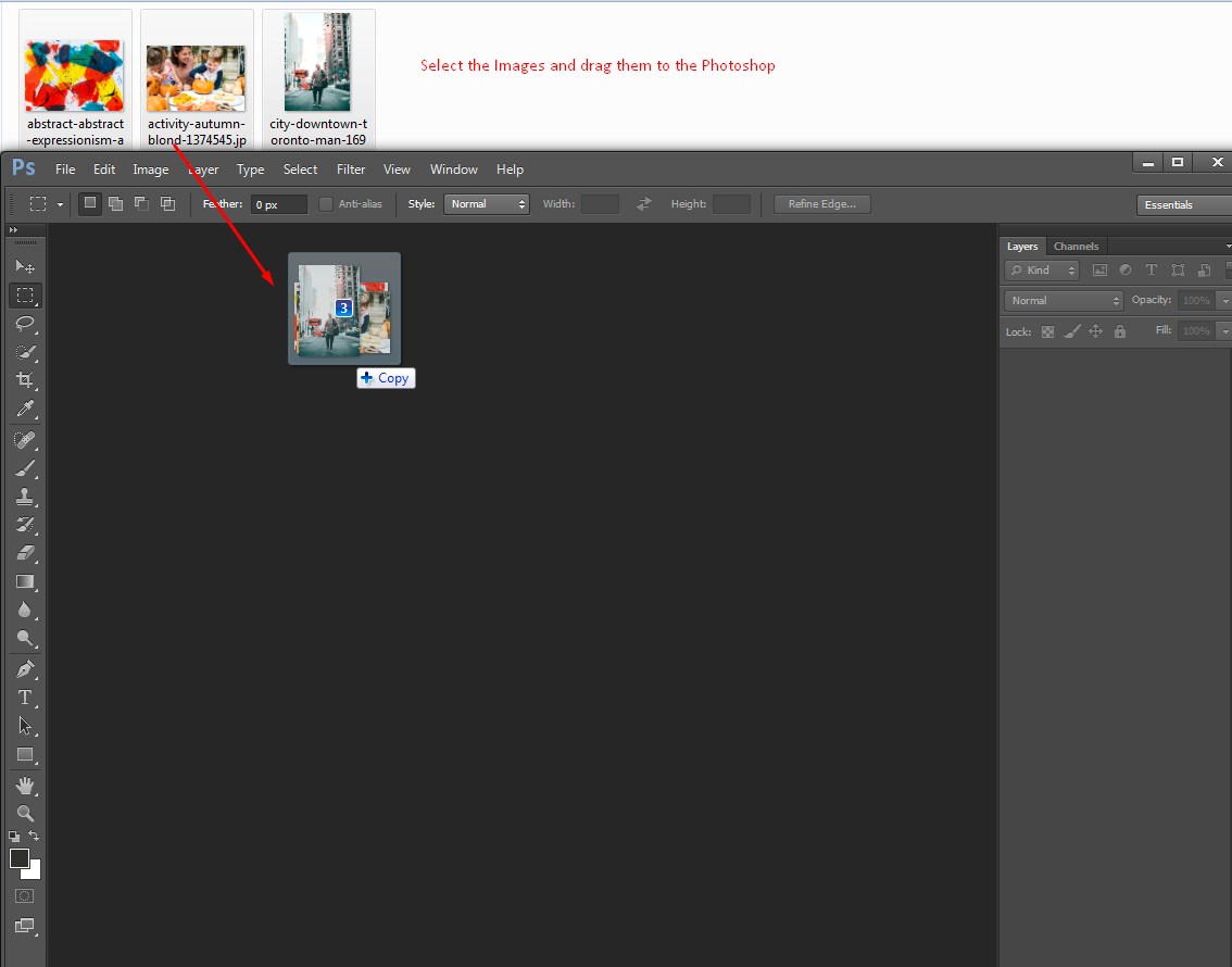 Select the images from your selected folder and drag them to the Photoshop