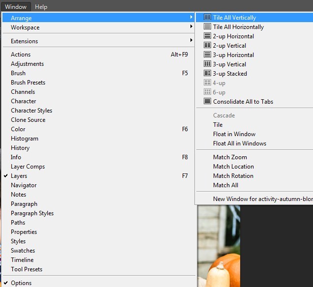  Windows >Arrange settings on Photoshop