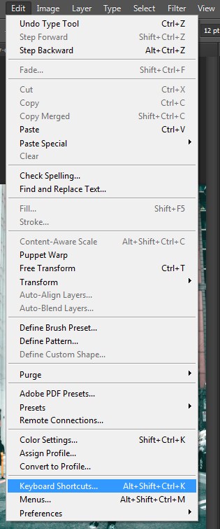 Selecting Keyboard Shortcuts from Edit Menu in Photoshop