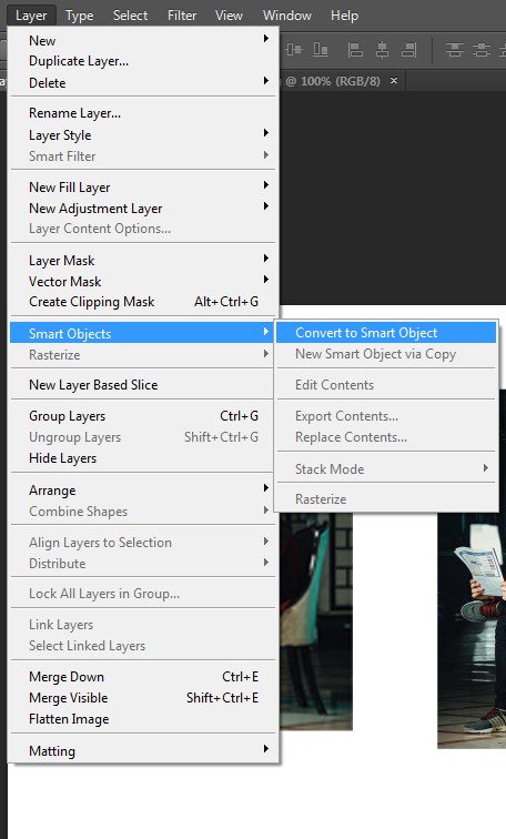 Choosing Convert to Smart Object option in Photoshop