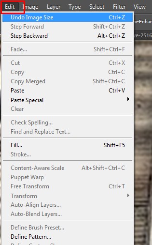 Selecting Edit- Undo Image Size in Photoshop