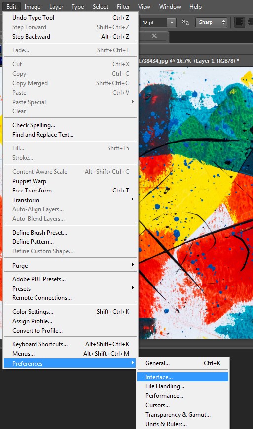 Selecting Interface option in Photoshop