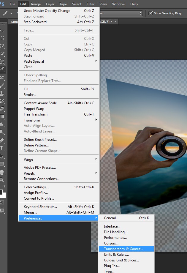 Close the Check board by choosing the Transparency & Gamut from Photoshop