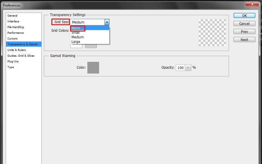 Turning the Grid Size to None in Photoshop