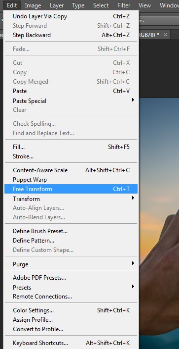 Selecting Free Transform Tool in Photoshop