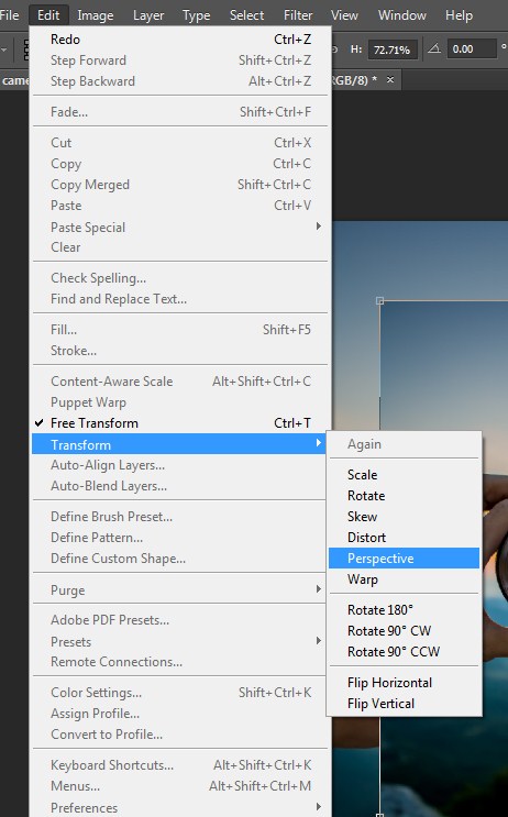 Selecting Perspective from the Edit list in Photoshop
